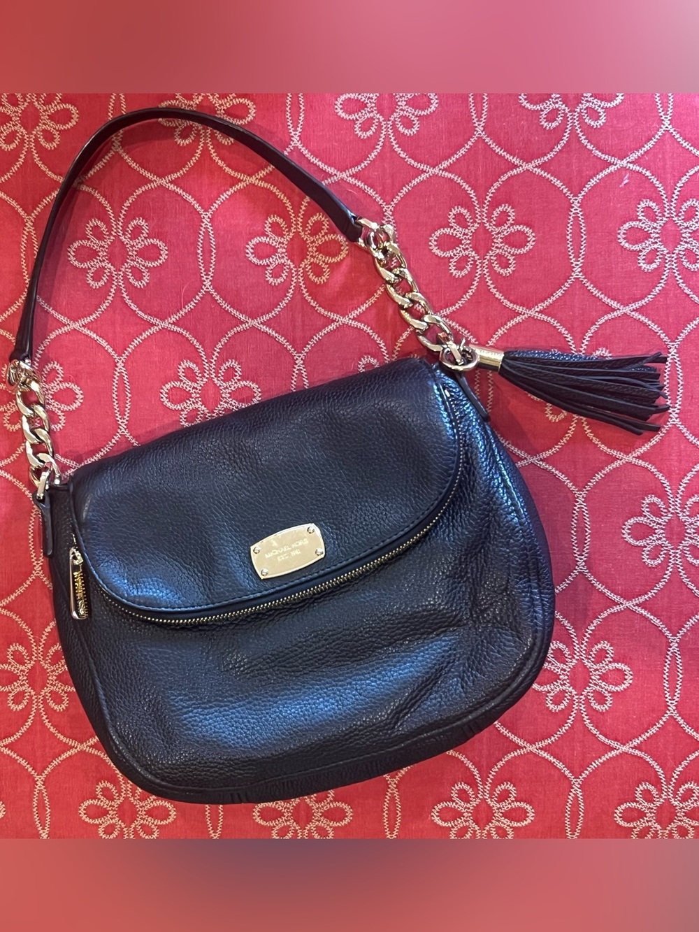 Michael Kors Bedford Black Leather Shoulder Bag Gold Hardware and Tassel